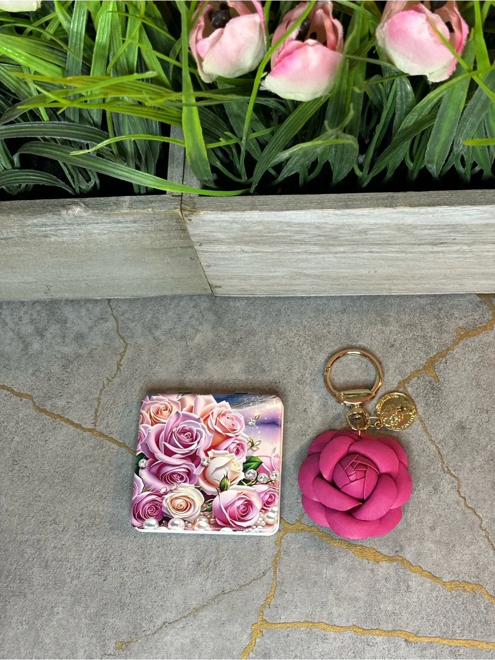 Pink Rose Key & Card Holder Set with Floral Compact and Rose Keyring